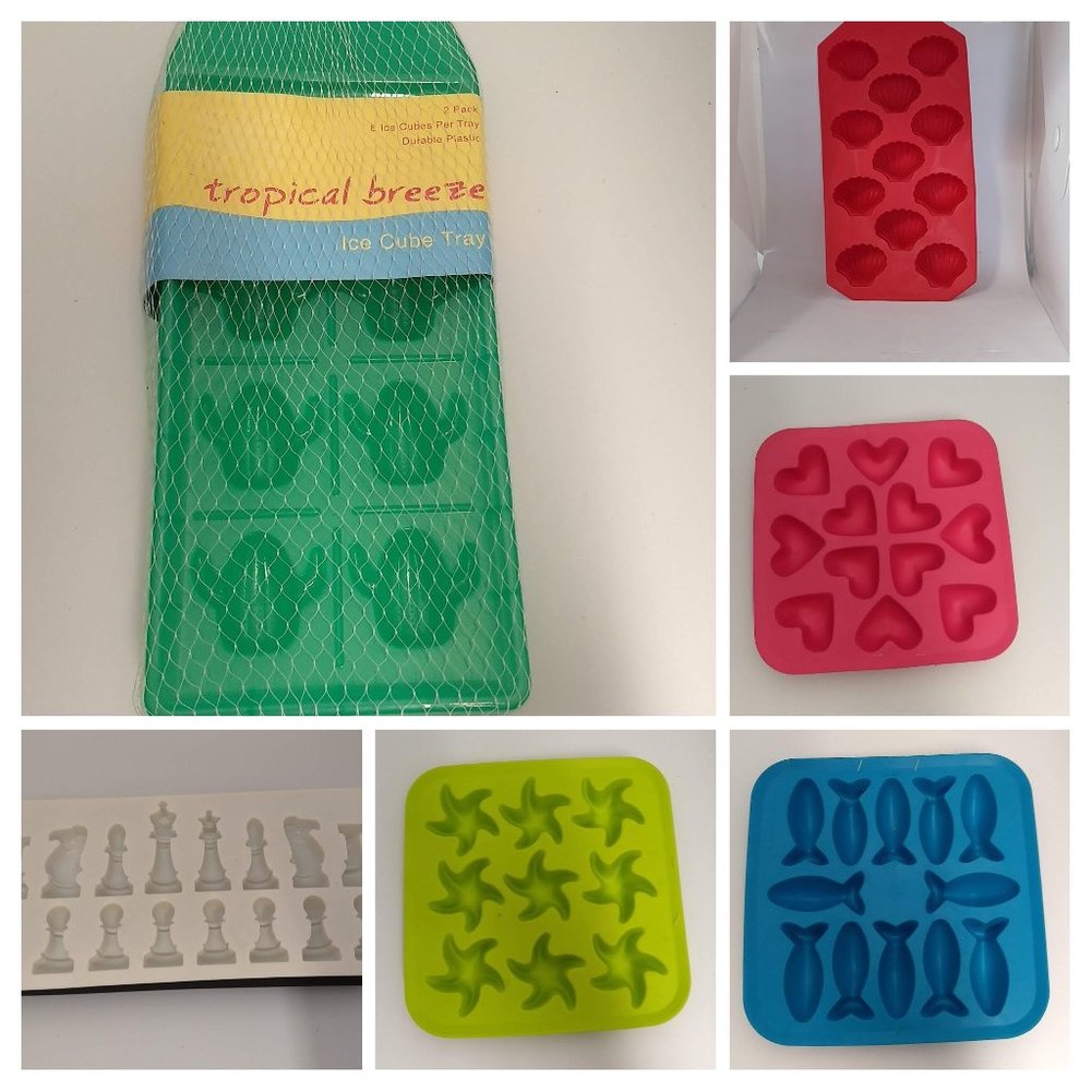 Lot of 6 Ice Cube Trays /Candy Molds Hearts-Chess-Cactus- Fish, Stars, Clam NEW